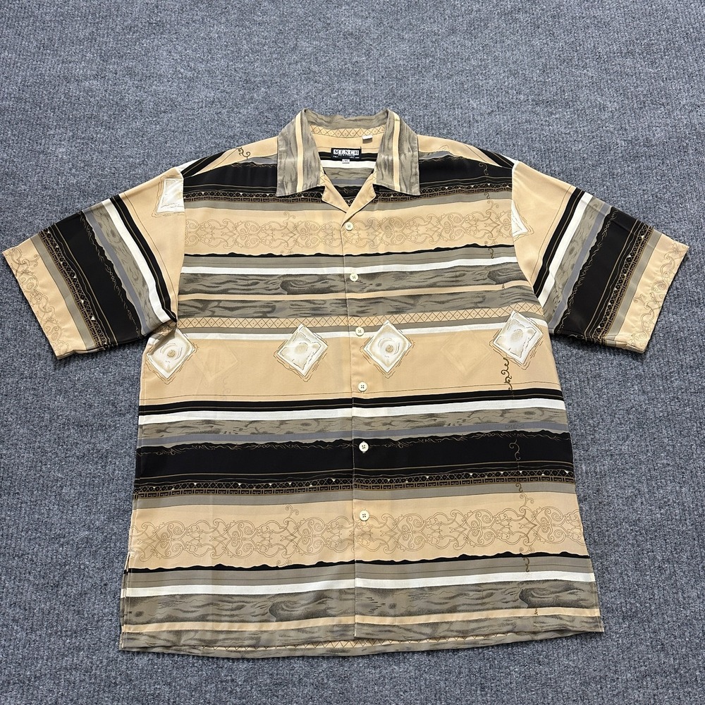 Mench Platinum‎ Mens Button Up Shirt Size 2XL Beige Black Geometric Print Retro